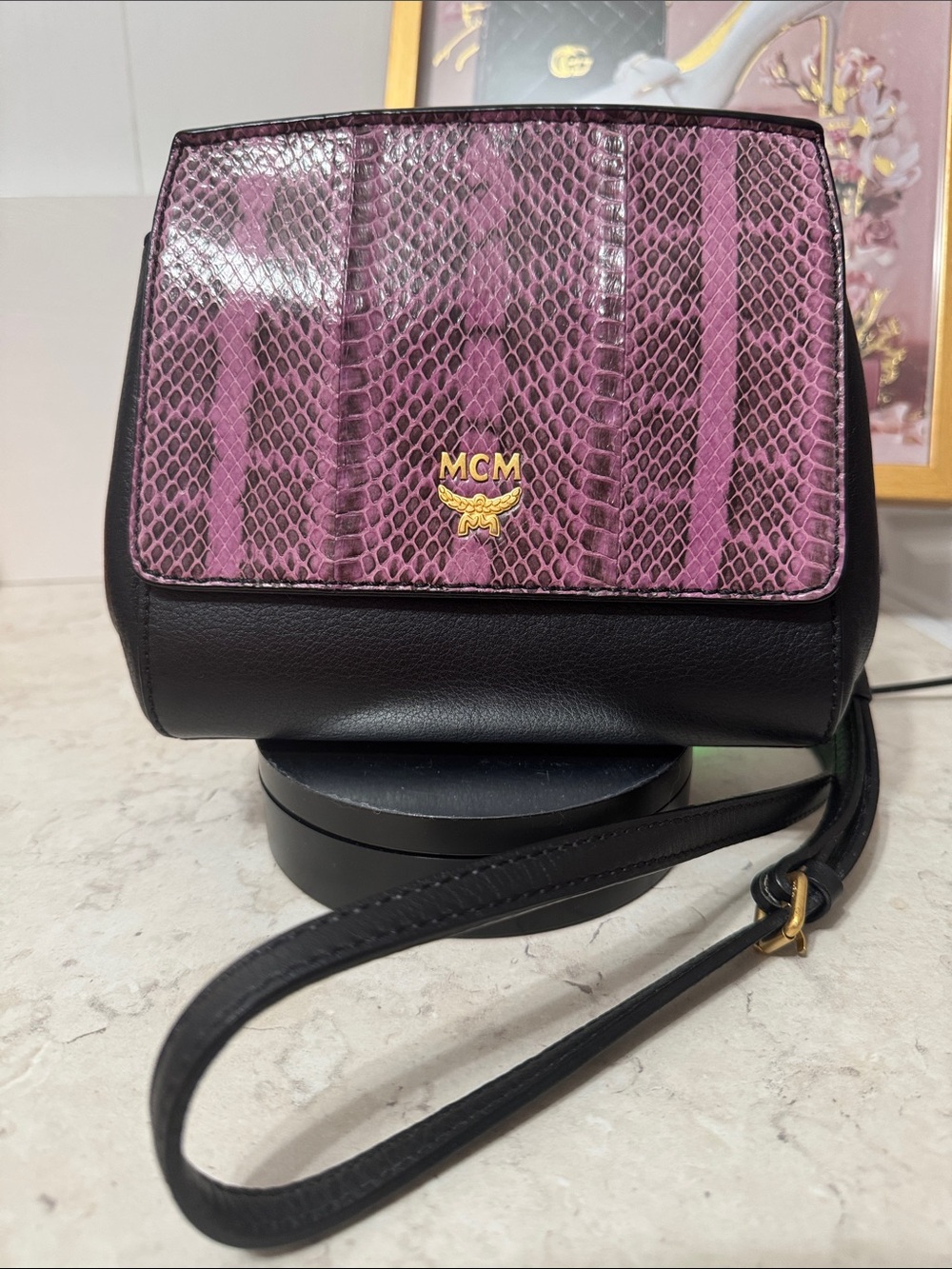 MCM Purple Snake-Embossed and Black Leather Crossbody Bag